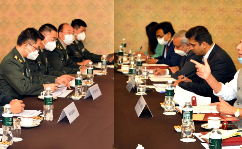 The Union Minister for Defence, Shri Rajnath Singh in a meeting with his Chinese counterpart General Wei Fenghe on the sidelines of the Joint Meeting of the Heads of Defence Ministers of Shanghai Cooperation Organisation (SCO), Commonwealth of Independent States (CIS) and Collective Security Treaty Organisation (CSTO) members countries, in Moscow on September 04, 2020.